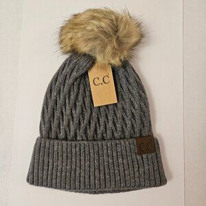 C.C Knit Pom Hat Sherpa Lined Dark Grey NWT